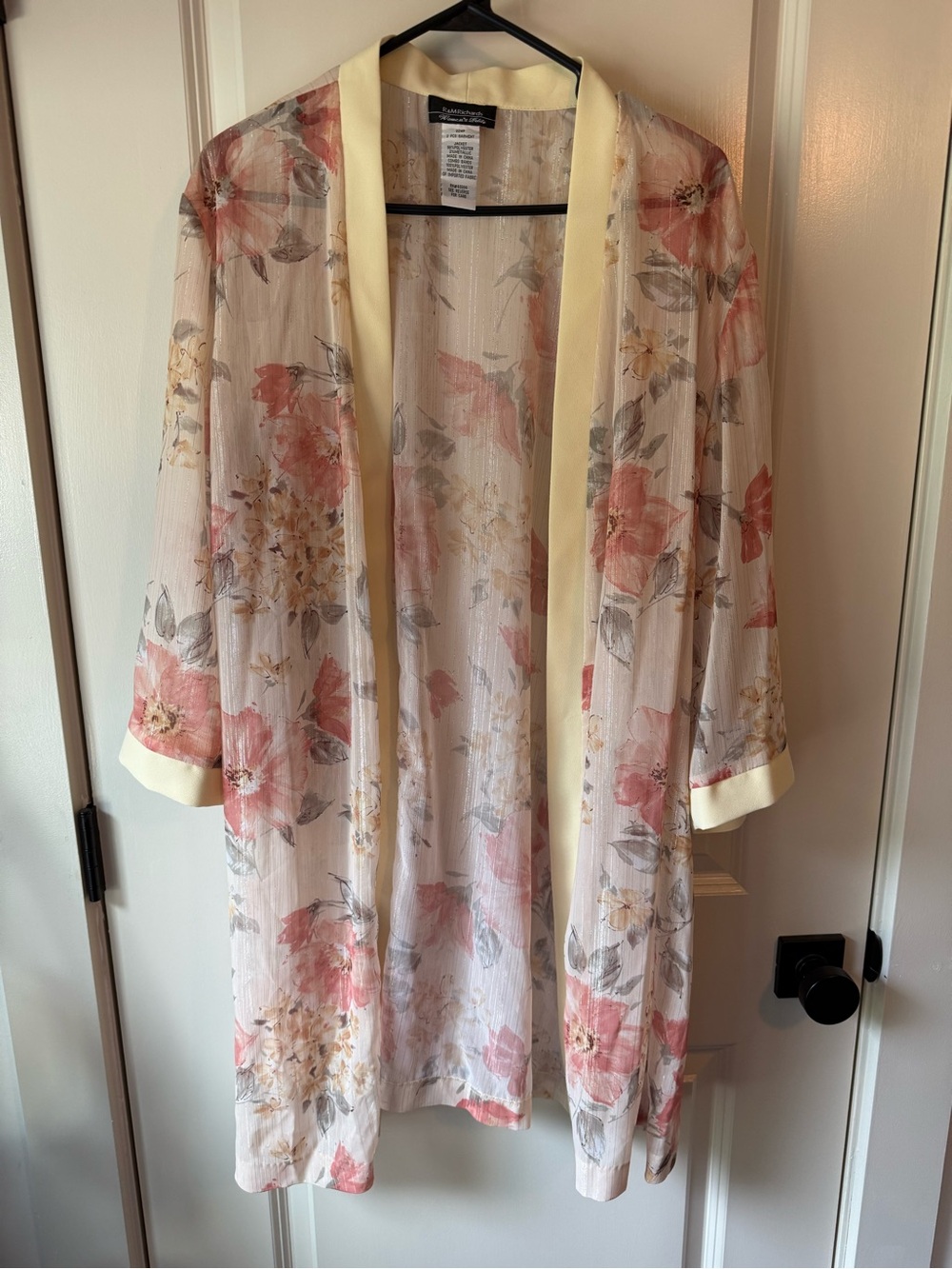 R&M Richards Sheer Floral Kimono Robe in Cream, Coral and Pale Yellow
